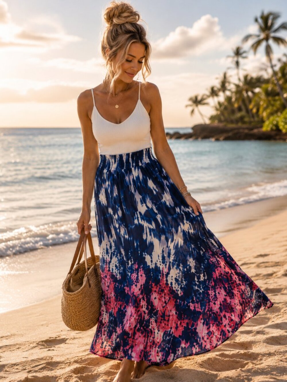 Boho Coastal Maxi Skirt Navy Pink Tie Dye Beach Vacation Skirt Size L